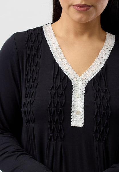 LACE SMOCKING NIGHTIE BLACK - Y330PL