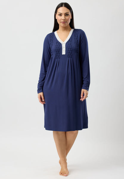 LACE SMOCKING NIGHTIE NAVY - Y330PL