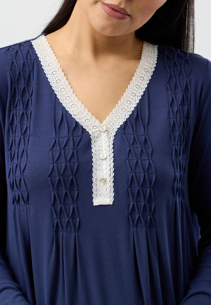 LACE SMOCKING NIGHTIE NAVY - Y330PL