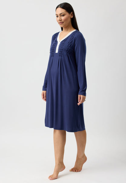 LACE SMOCKING NIGHTIE NAVY - Y330PL