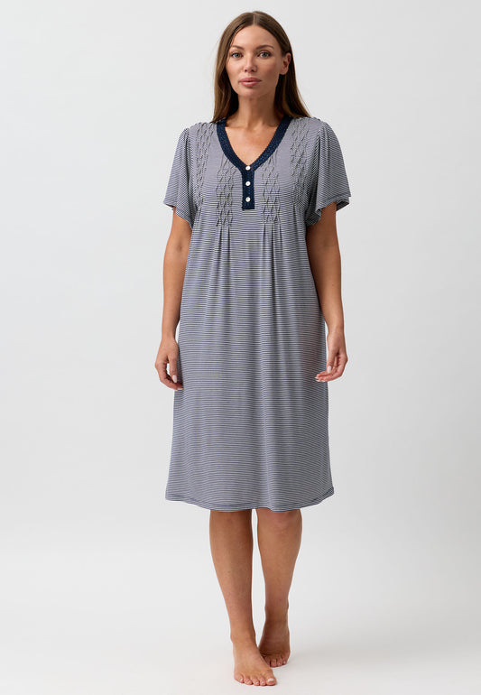 STRIPE SMOCKING NIGHTIE NAVY - Y345S6