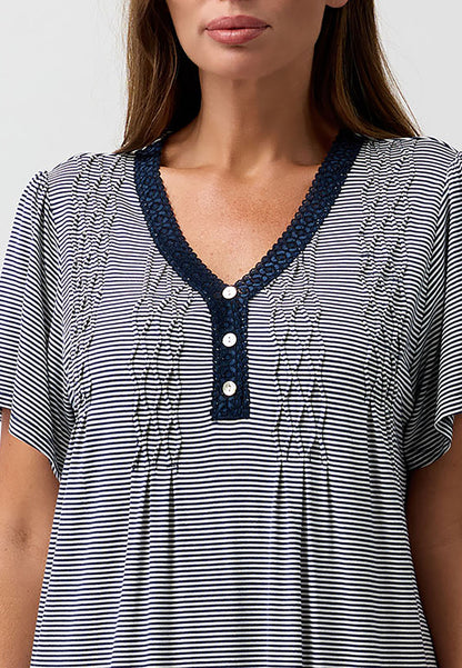STRIPE SMOCKING NIGHTIE NAVY - Y345S6