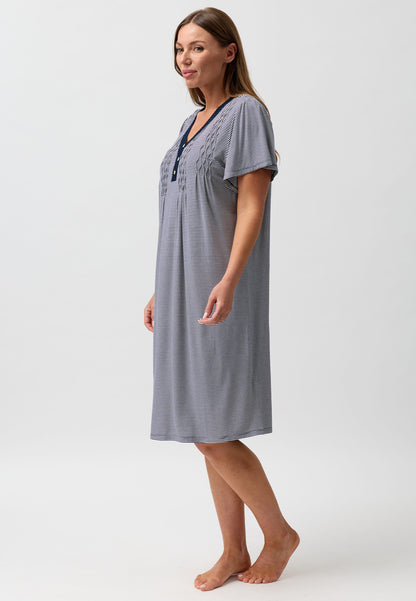 STRIPE SMOCKING NIGHTIE NAVY - Y345S6