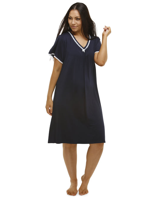 YUU LACE VEE NECK NIGHTIE NAVY - Y692